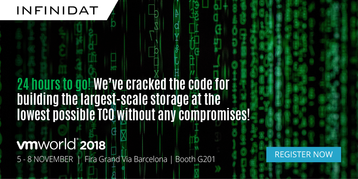INFINIDAT_EMEA's tweet photo. 24 hours to go!
We’ve cracked the code for building the largest-scale storage at the lowest possible TCO without any compromise between availability, performance, or scale. We’re ready to show you how!
Join us at #VMworld, Barcelona, Nov. 5-8 at booth #G201.
#DataStorage https://t.co/RAzmCX41SC