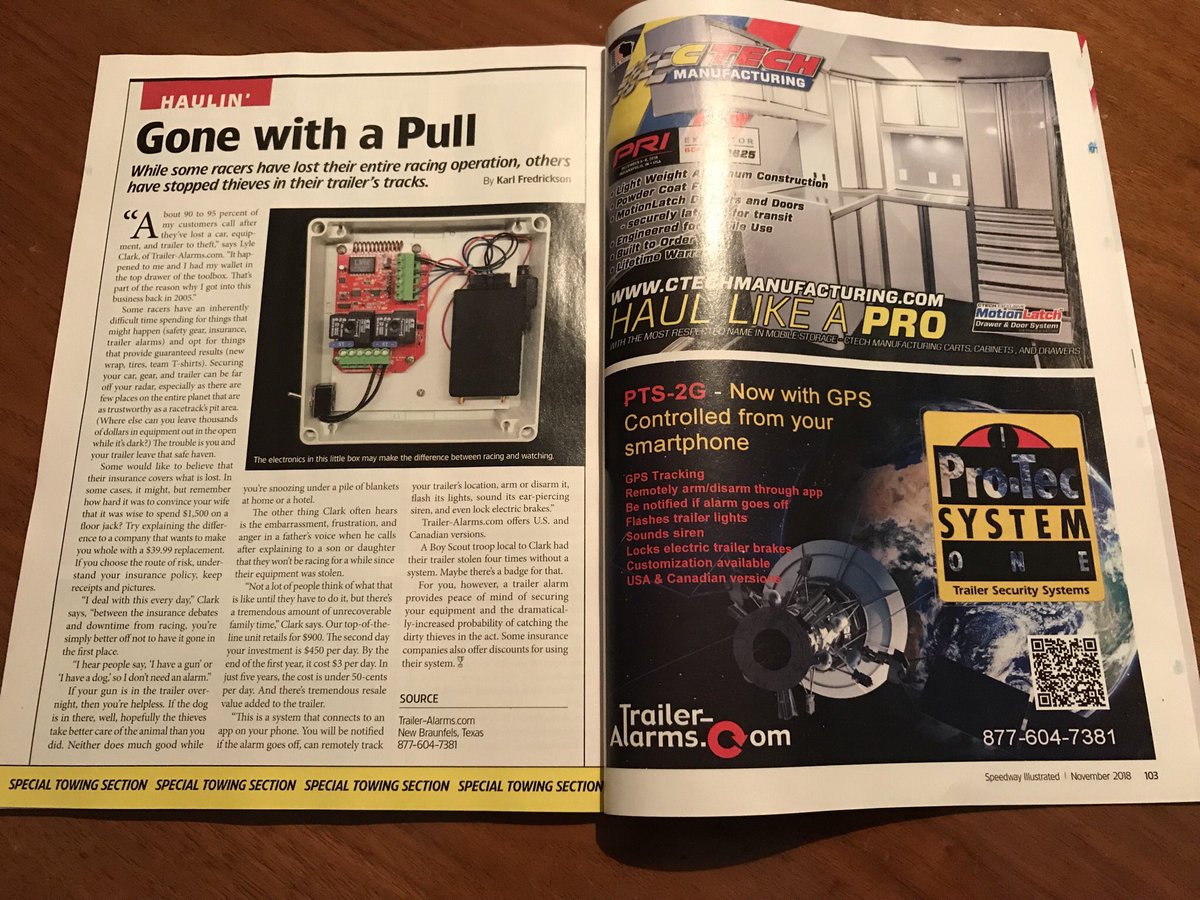traileralarms's tweet photo. Check out the latest article in @speedway_mag
#gps #remotealarm #traileralarms #security #stolentrailer #racetrailer #gpstracking #fleetsecurity #motorsport #sportscar #engine #nascar #autoracing #dragrace #karting #indycar #speedway https://t.co/WfoPqaAw4H