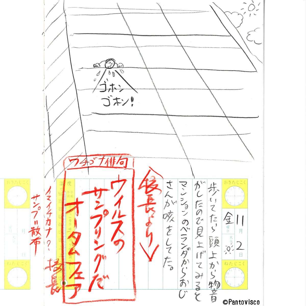真カオス絵日記 2018.11.2
「頭上から…」 