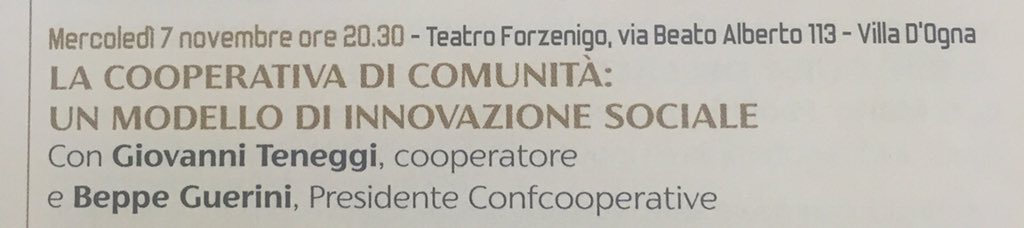 GiuseppeGuerin1's tweet photo. Le #CooperativediComunitá un modello di innovazione sociale per la montagna e non solo...ne parliamo il 7 Novembre in @ValSeriana con @giovanniteneggi nell'ambito di #MolteFedi il grande ciclo di incontri promosso e realizzato da #ACLIBERGAMO https://t.co/cwN8mRALVV