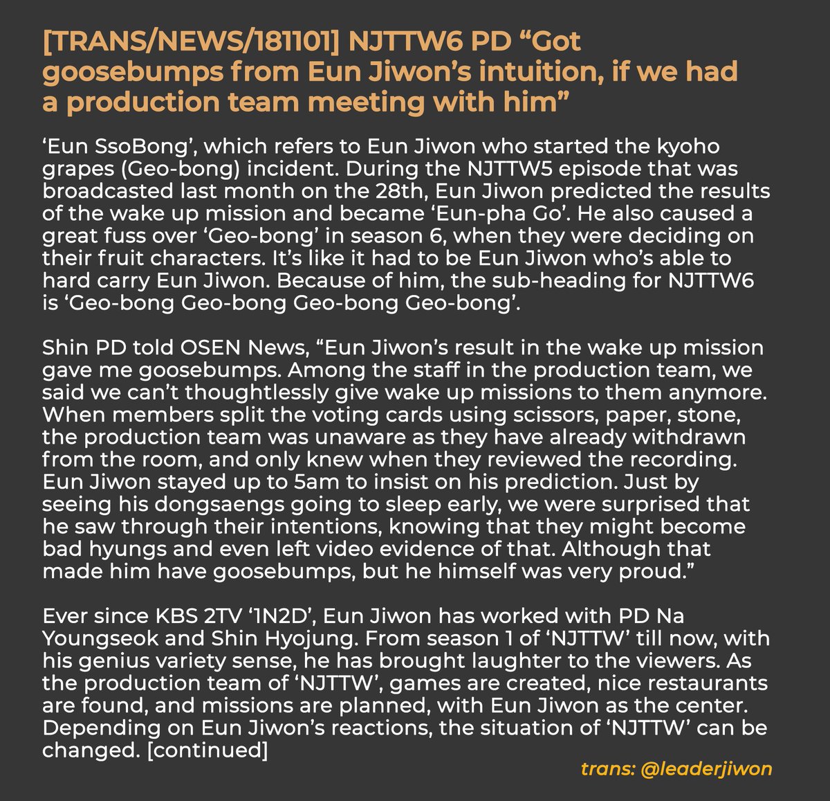 leaderjiwon's tweet photo. [TRANS/NEWS/181101] NJTTW6 PD Shin “Got goosebumps from Eun Jiwon’s intuition, if we had a production team meeting with him”
https://t.co/G2nHH29Waz
#EUNJIWON #은지원 #젝스키스 #SECHSKIES #신서유기 https://t.co/4oXdSWGQt4