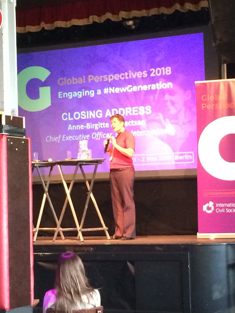 @ABAlbrectsen calling on Int’l NGOs to defend the principle of int’l coop &amp; multilateralism + become an inter-generational org at closing of #GlobalPerspectives18 <a href="/ICS_Centre/">International Civil Society Centre</a>