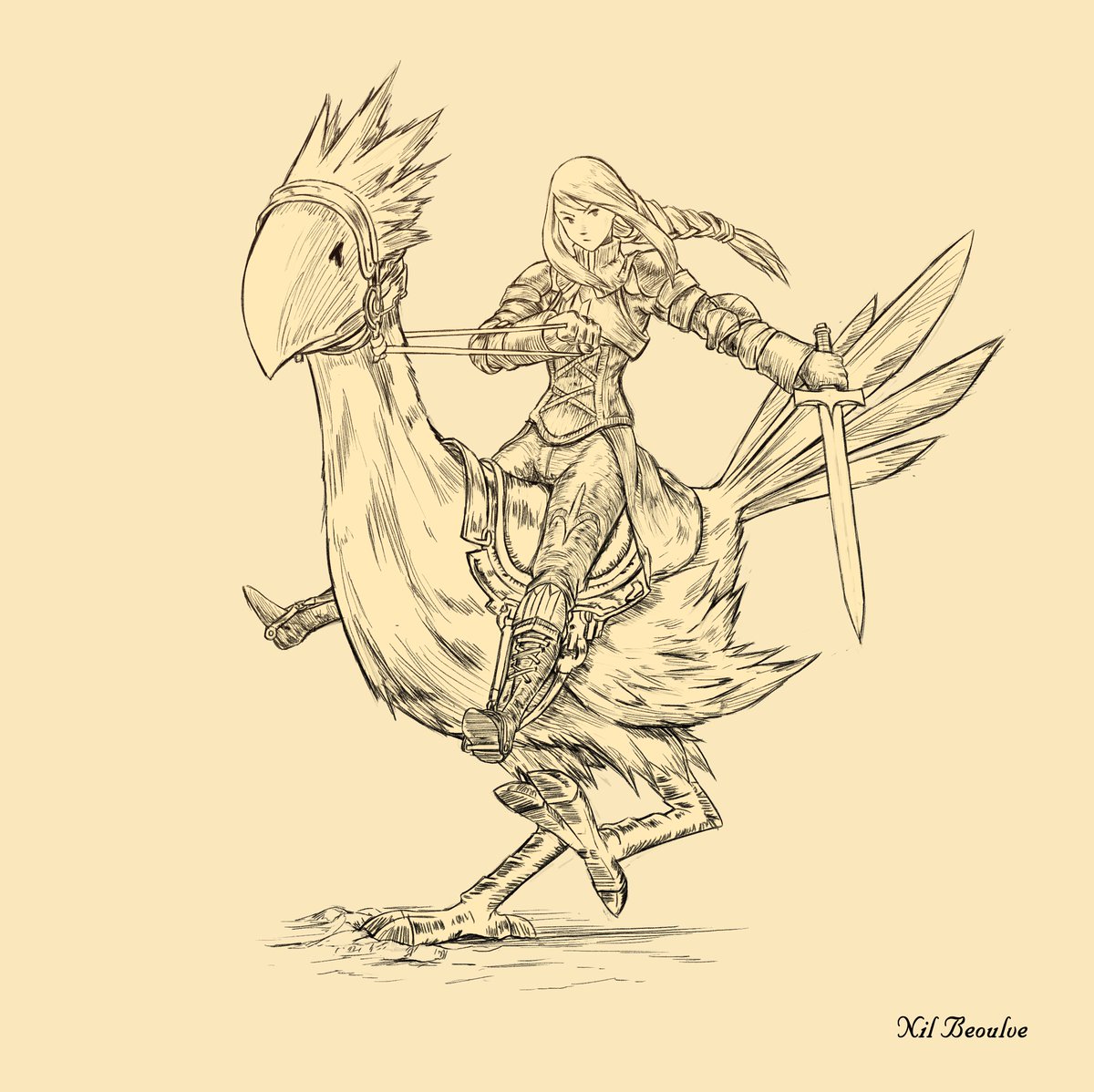 NilBeoulve's tweet photo. let's start to post all my best drawings ;) 
Agrias Oaks riding a chocobo #FinalFantasyTactics  #AgriasOaks https://t.co/hcriJsaEt5