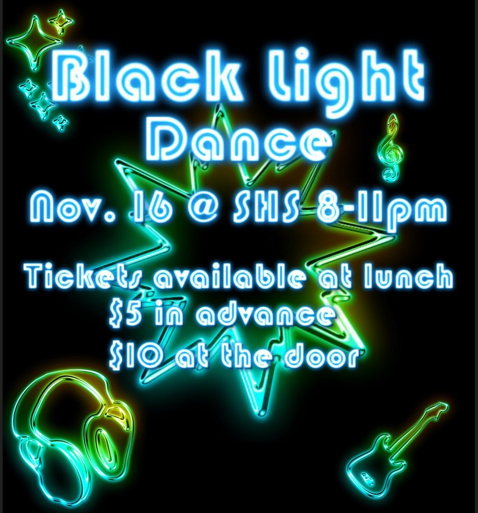 SADDChapter's tweet image. Come have fun with your friends at the Black Light Dance November 16th! Tickets are only $5 when you buy at lunch $10 at the door!