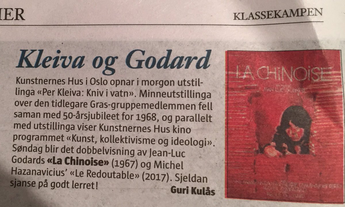 Sjelden sjanse på godt lerret, skriver Klassekampen om søndagens dobbelvisning av Godards LA CHINOISE og biopicen LE REDOUTABLE Info: kunstnerneshus.no/kino/la-chinoi…
Bill: linticket.no/page/no/event/…