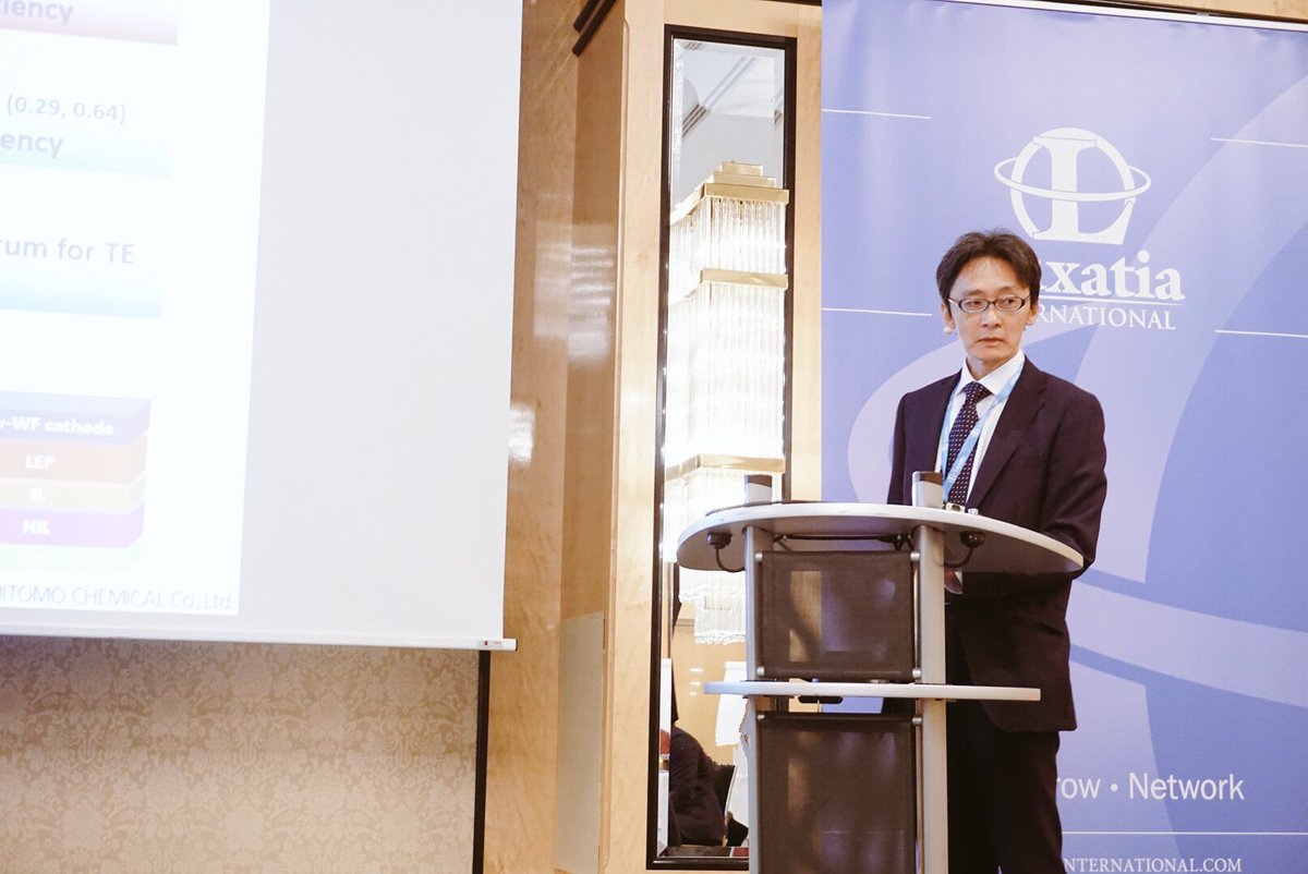 Luxatia_intl's tweet photo. First to take the stage on day two of the #OLEDTech2018 is Nobuhiko Akino from #SumitomoChemical who is discussing the latest progress of polymer organic light-emitting diodes https://t.co/3RwKQfnxsm