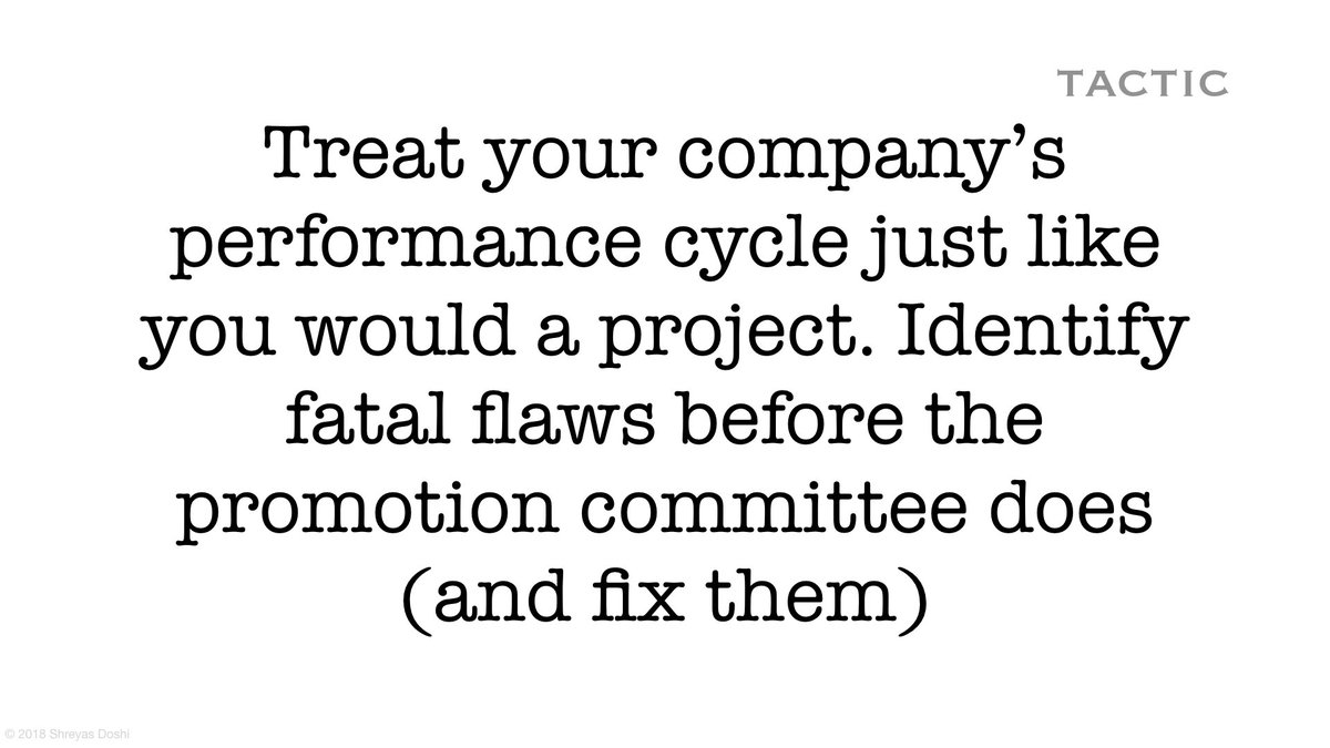 One of my managers at Google once gave me this valuable advice: treat the performance cycle during which you’ll come up for promotion as a milestone, just like you would for any product/project milestone.