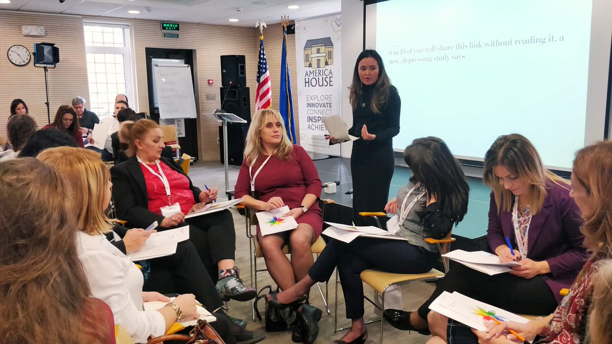 AmHouseKyiv's tweet photo. Delighted to host 43 teacher and librarian #ExchangeAlumni this week as they share their experiences and building professional networks at #AlumniTIES! We look forward to hearing how they empower students to be critical thinkers. https://t.co/30eB6zjcfa