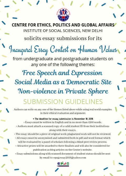 EPAGEthics's tweet photo. The Cente for Ethics, Politics and Global Affairs announces its Inaugural Essay Contest on Human Values, open to Undergraduate and Postgraduate students of all nationalities.
#EPAG #ethics @carnegiecouncil https://t.co/TA1OGO6g6e