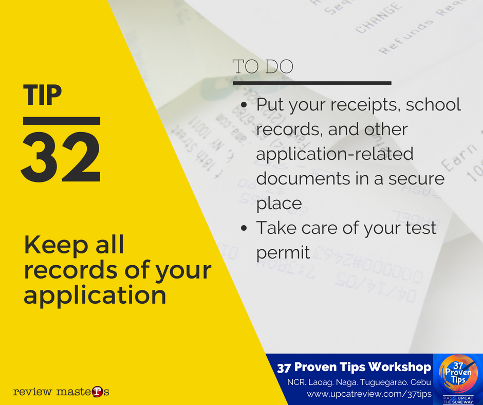 review_masters's tweet photo. 💡Tip No. 32. Keep all records of your application
==========
Record keeping is very important in the CETs. A simple deposit slip can cost you your slot if you fail to provide one.

Take extra care of your test permit. Do not lose it! (1/2) https://t.co/nKMdCE2yi9