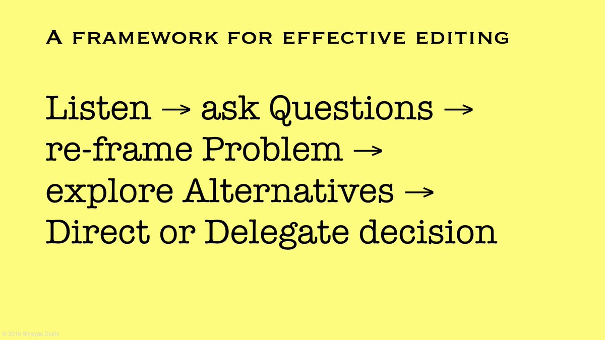 Here's a framework for effective editing.The first and the last step are usually the hardest. While there's a lot of material out there on listening well, there isn't much on how you decide whether to "direct a decision" or "delegate a decision".