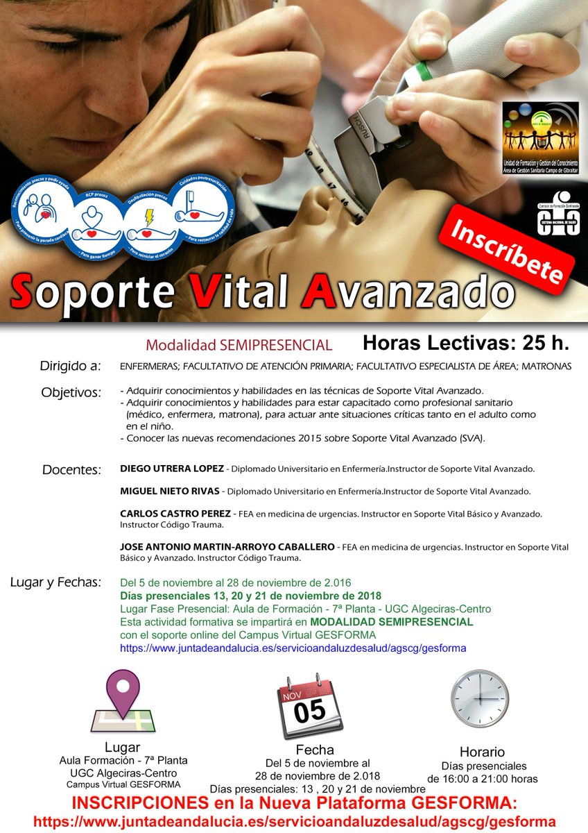 ufgconocimiento's tweet photo. Nuevo Curso:
SOPORTE VITAL AVANZADO
Del 5 al 28 de noviembre de 2018
Esta actividad formativa se impartirá en MODALIDAD SEMIPRESENCIAL.
INSCRIPCIONES en GESFORMA AGSCG:
https://t.co/xlkq62fmrJ https://t.co/oRS8gtSfyF