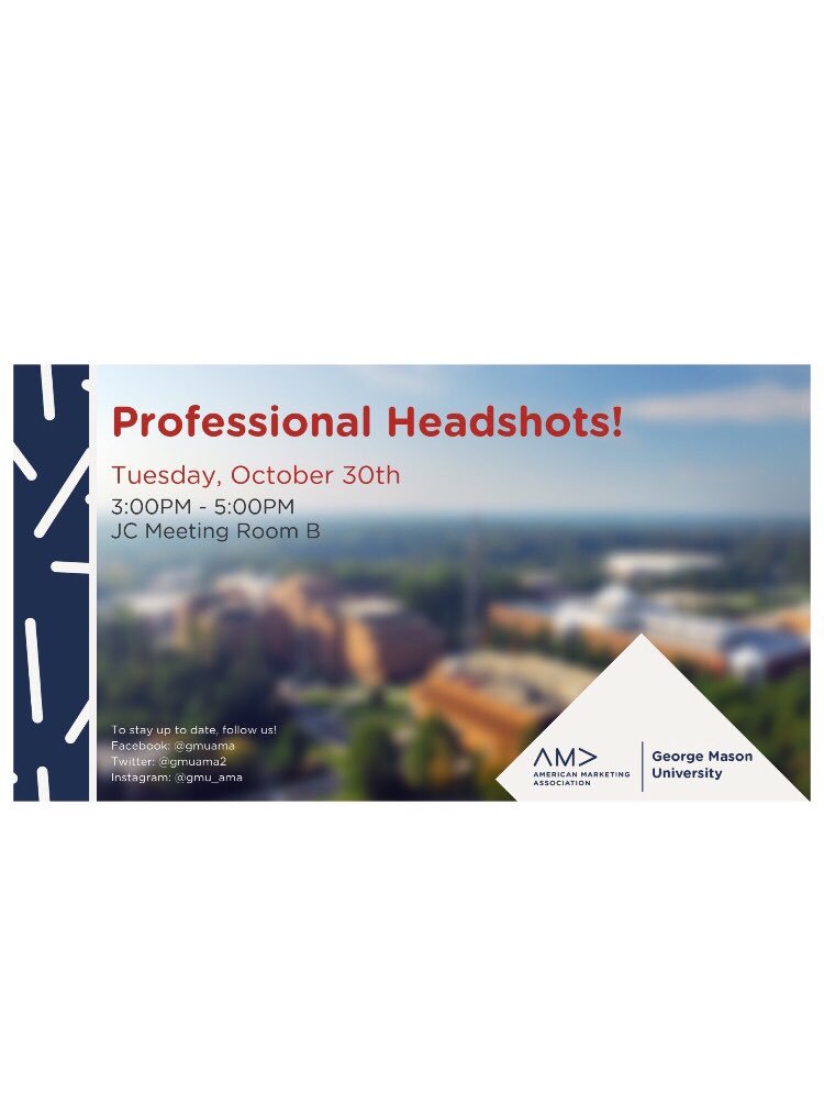 mason_ama's tweet photo. FREE professional headshots next Tuesday in JC meeting room B from 3-5pm! Don’t miss out on this amazing opportunity, it’s open to everyone! #gmuama #gmu https://t.co/LQ4HKlFGSb