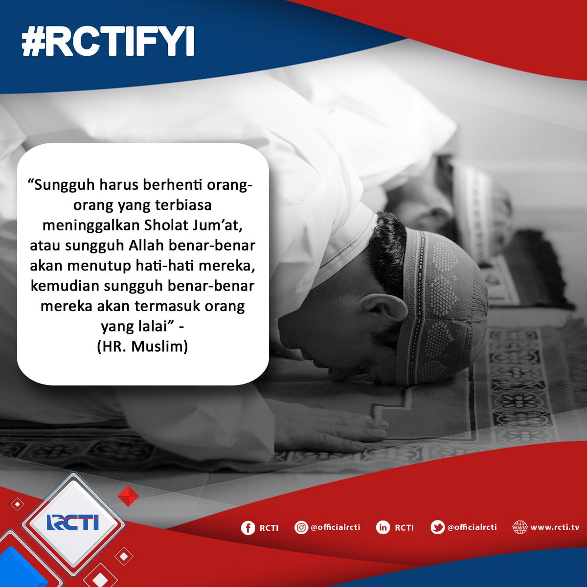 OfficialRCTI's tweet photo. Sudah hari Jum'at nih...
Buat kalian para kaum Laki-laki, jangan sampai meninggalkan Sholat Jum'at ya.
Yuk mari Sholat Jum'at :)
#RCTIFYI #Jumat #JumatBerkah https://t.co/Z2eYbKoxbl
