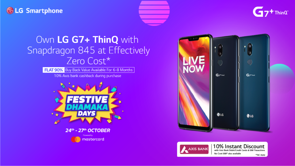 LGIndia's tweet photo. Festive season, exciting offers! Now buy a #LGG7Plus #ThinQ smartphone with Axis Bank Dredit/Cebit card to avail a 10% cashback along with an additional flat 90% buy back value offer. https://t.co/p2Z2XNcKsA https://t.co/1yCwLAwW3A