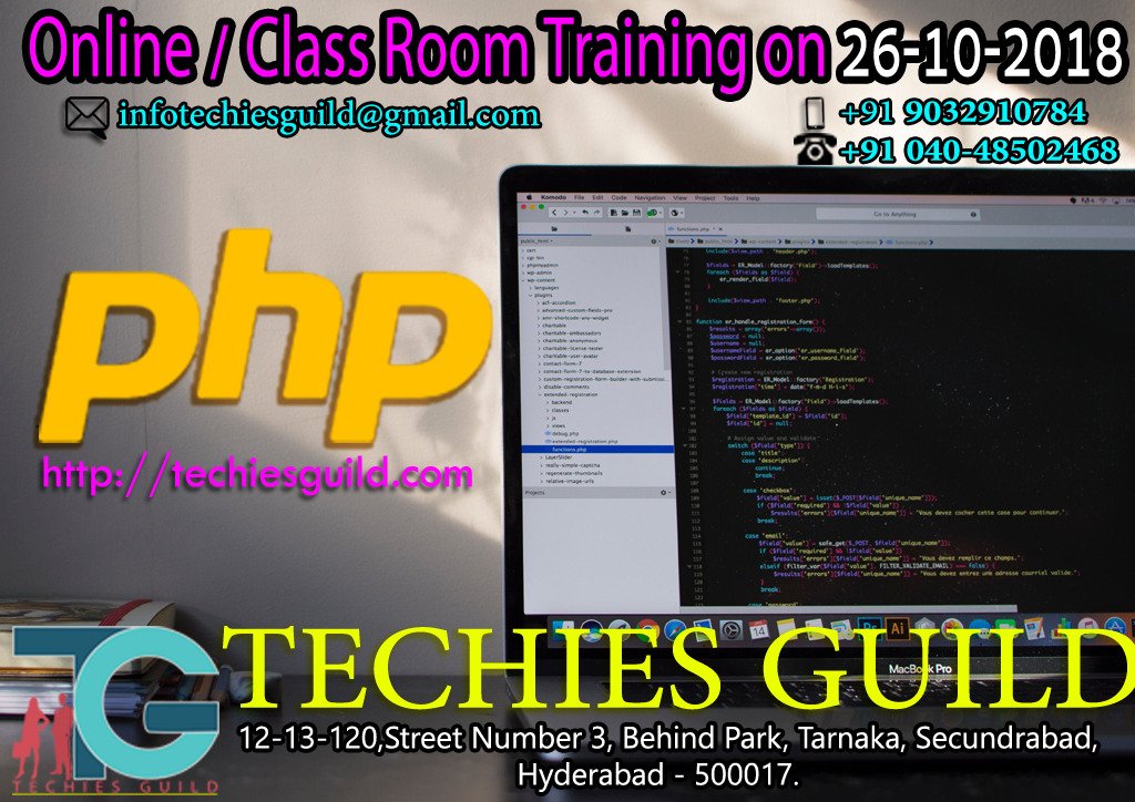 techiesguild1's tweet image. #PHP Free Demo on October 26 Friday
Batch Type: Online/Class Room Training
Visit us @ techiesguild.com/web-technologi… …
Email: infotechiesguild@gmail.com
Mobile: 9032910784
Phone:+91 040- 48502468