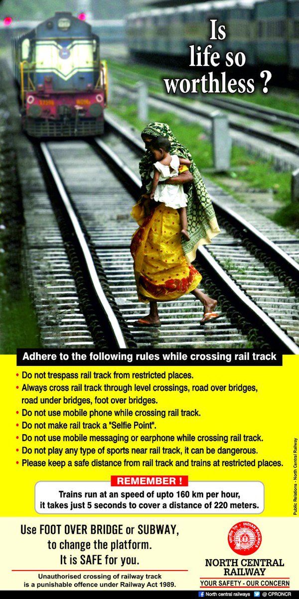 CPRONCR's tweet photo. Crossing the Railway Tracks at unauthorized places is called 'Trespassing' and is a punishable offence under the Railway Act. DO NOT ENDANGER your own life and lives of others. Use Level Crossings, ROBs, RUBs, FOBs &amp; Subways to cross railway tracks. NCR-We Care For You. https://t.co/bvB19zIG5n