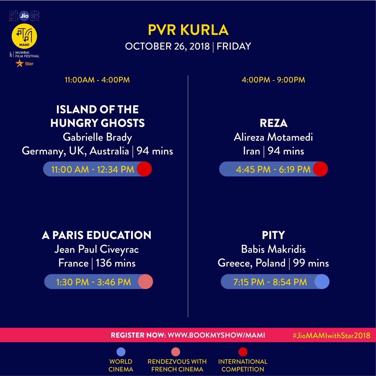 MumbaiFilmFest's tweet photo. What film are you planning to see first at #JioMAMIwithStar2018? Find today’s schedule below. (Part I) #ItHappenedAtMAMI.

Register now: https://t.co/5vlfP9H8Jx

#MumbaiFilmFestival  #PVRECX #PVRKurla #PVRMulund #Regal #Liberty #Matterden https://t.co/jEHxtI40Ed