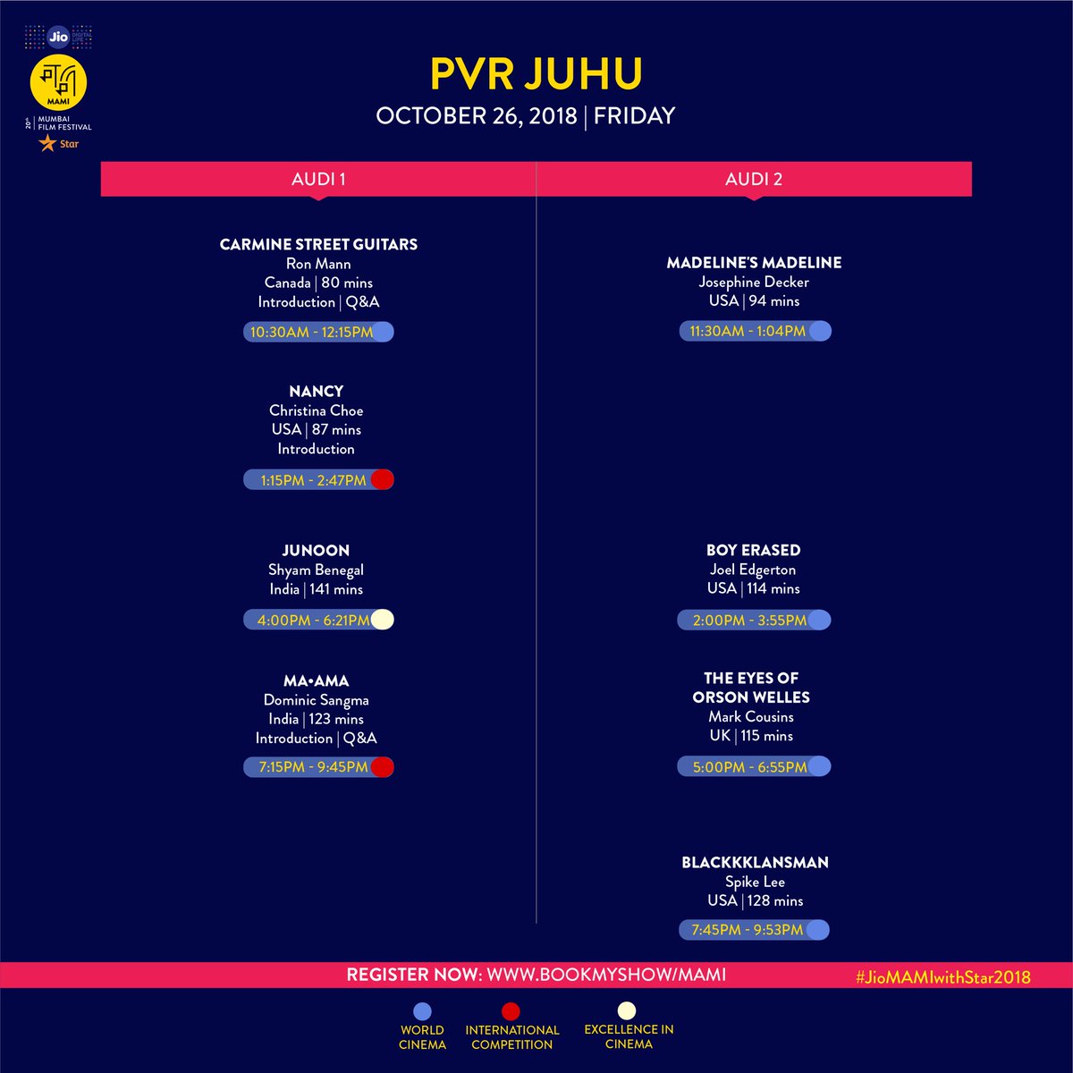 MumbaiFilmFest's tweet photo. What film are you planning to see first at #JioMAMIwithStar2018? Find today’s schedule below. (Part I) #ItHappenedAtMAMI.

Register now: https://t.co/5vlfP9H8Jx

#MumbaiFilmFestival  #PVRECX #PVRKurla #PVRMulund #Regal #Liberty #Matterden https://t.co/jEHxtI40Ed