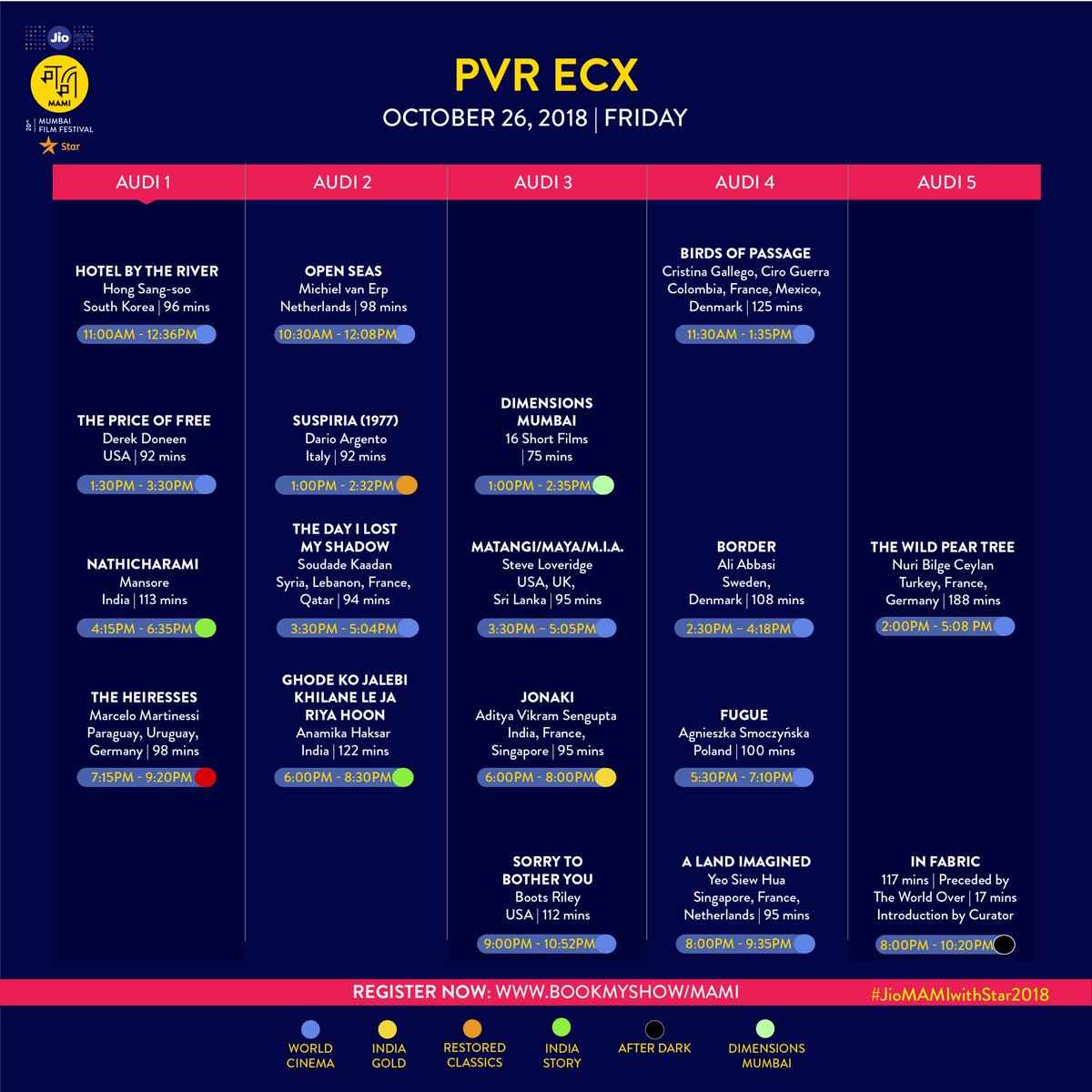 MumbaiFilmFest's tweet photo. What film are you planning to see first at #JioMAMIwithStar2018? Find today’s schedule below. (Part I) #ItHappenedAtMAMI.

Register now: https://t.co/5vlfP9H8Jx

#MumbaiFilmFestival  #PVRECX #PVRKurla #PVRMulund #Regal #Liberty #Matterden https://t.co/jEHxtI40Ed