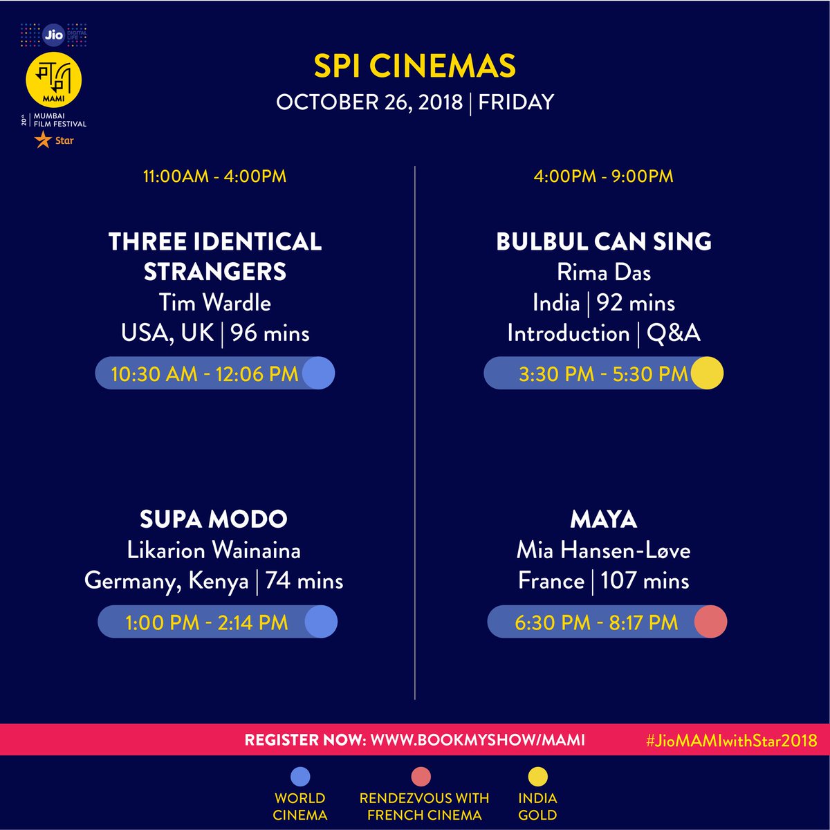 MumbaiFilmFest's tweet photo. What film are you planning to see first at #JioMAMIwithStar2018? Find today’s schedule below. (Part II) #ItHappenedAtMAMI.

Register now: https://t.co/5vlfP9H8Jx

#MumbaiFilmFestival  #PVRECX #PVRKurla #PVRMulund #Regal #Liberty #Matterden https://t.co/FgZJT2co1s