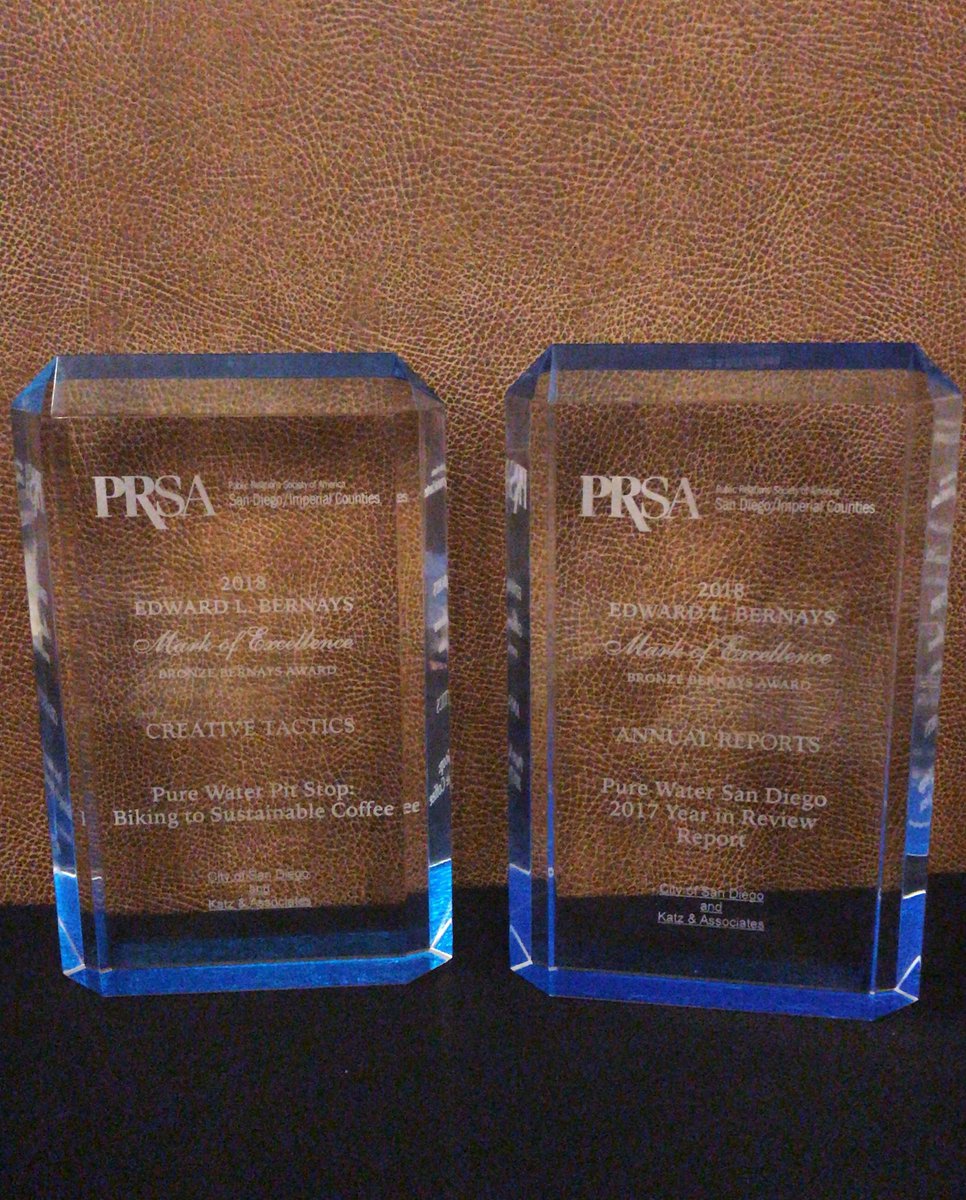 PureWaterSD's tweet photo. Honored to receive two @PRSAsandiego Bernays Awards for Creative Tactics and Annual Reports tonight. 🏆 #MadForPR https://t.co/auLLH3I7Fy