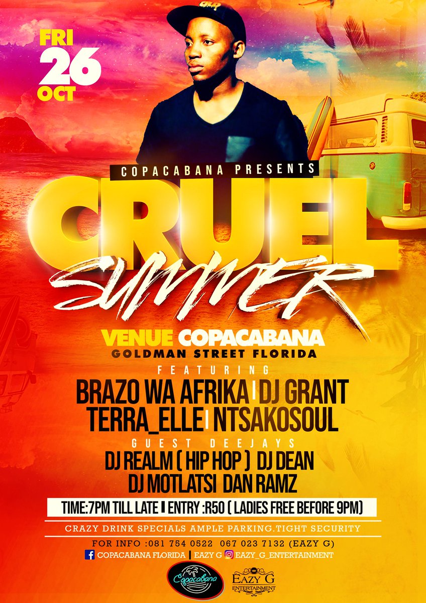 _EazyG's tweet photo. Thank God It's Friday!!! We outchea Jozi WestRand..it's all Gravy in the Neighborhood with @BrazoWaAfrika, @Terra_elle ,@Ntsakosoul2_SA , @Deejay_Grant and many more

Let's Meet Tonyt!!!

#CruelSummer
#CopaLife
#EAZY_G_ENTERTAINMENT https://t.co/3JtzN7GWB4