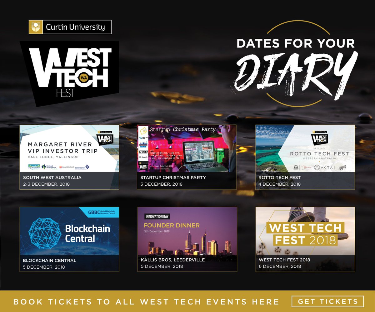 WestTechFest's tweet photo. West Tech Fest is gearing up! Updated dates for your diary folks. Tickets here: https://t.co/EXYEM42AoJ  #WTF2018 #RTF2018 #MRInvestorTrip #StartupParty #BlockchainCentral #GBBC #IBFounderDinner #CityofPerth #NewIndustriesWA #CurtinUni https://t.co/QzLQHPGCAy