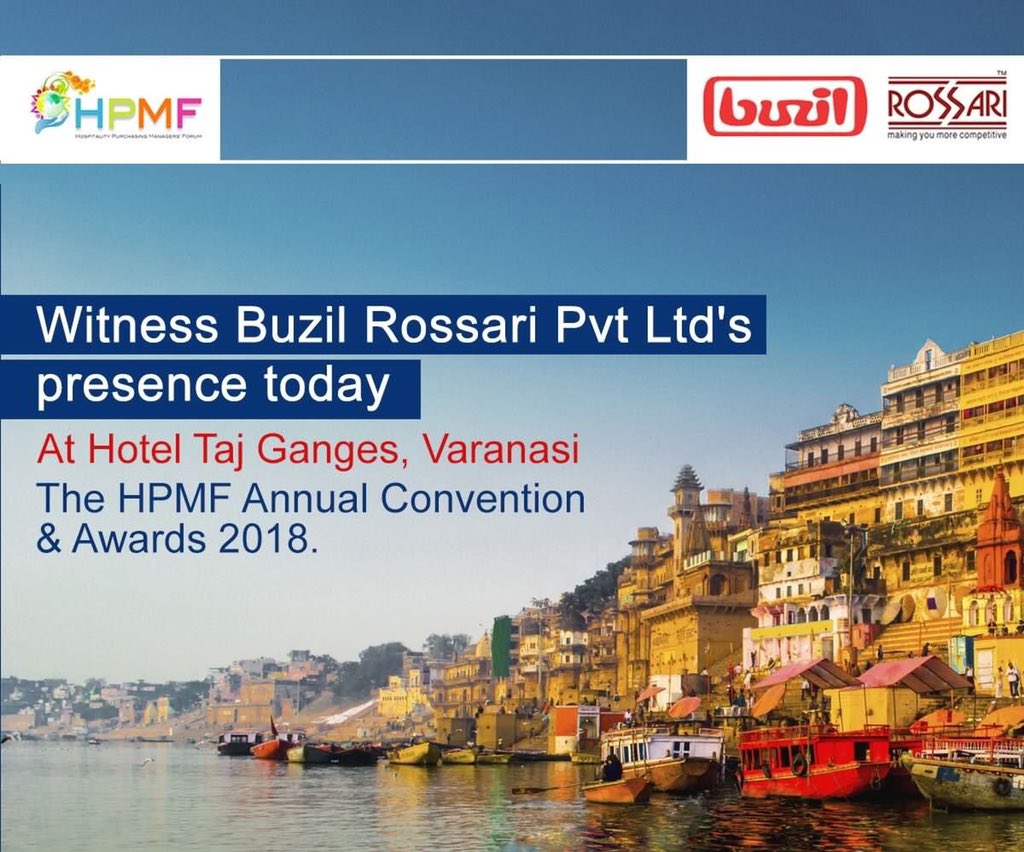 BuzilR's tweet photo. Visit the #HPMF (#Hospitality Purchasing Manager's Forum) Annual Convention & Awards 2018 and find the opportunity to know our products and services better at Hotel Taj #Ganges, #Varanasi
#BuzilRossari #HygieneExperts #Housekeeping #India #CleaningSolutions https://t.co/BbfoeVNQVQ