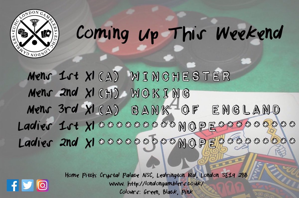 Tomorrow our men are off to <a href="/winchhc/">Winchester HC</a> &amp; Bank of England HC, whilst the 2s host <a href="/WokingHC/">Woking Hockey Club</a>.
The ladies have their final week off #Fixtures #Hockey #FieldHockey #SouthLondon