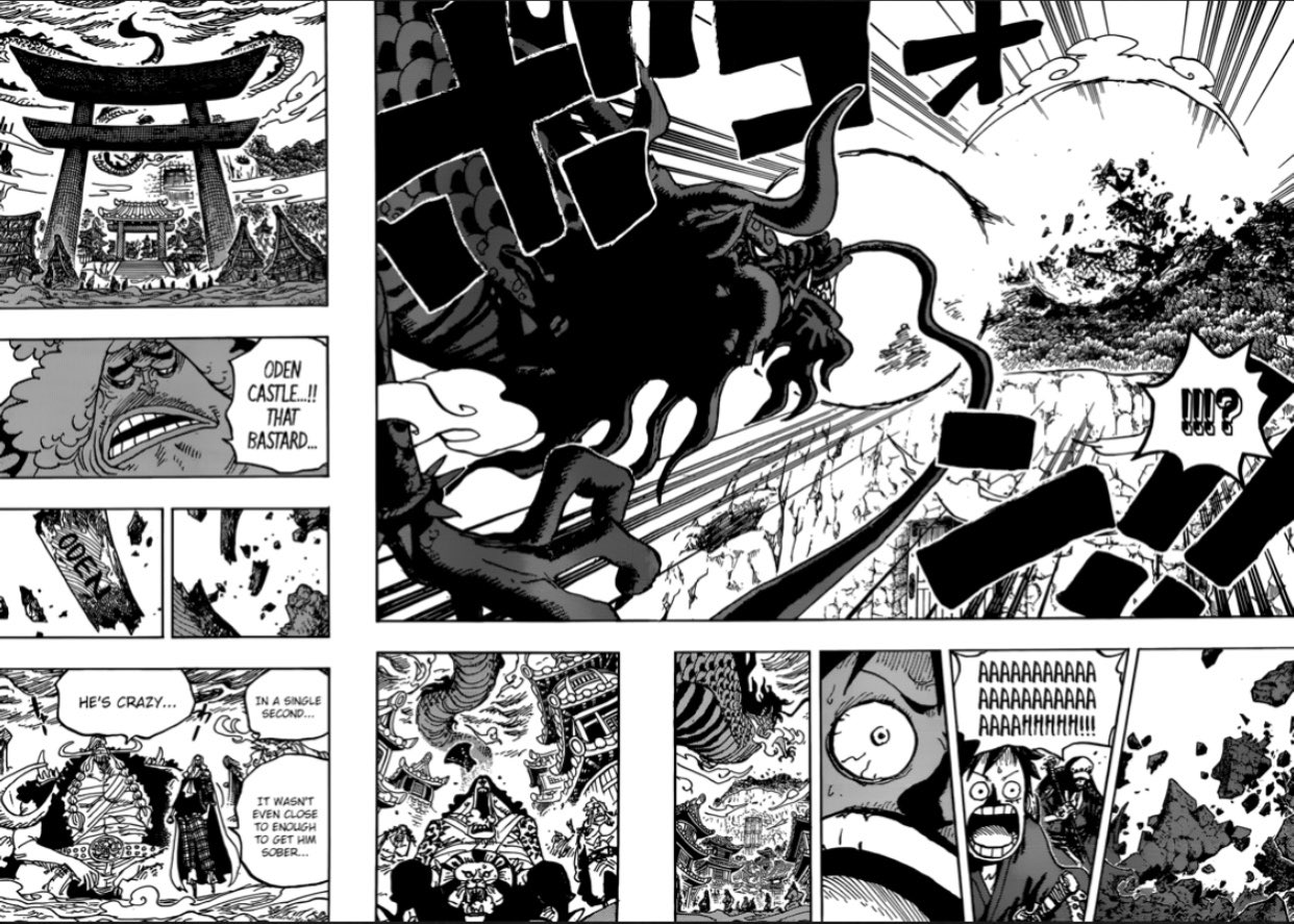 Brothere No Twitter ワンピース Onepiece Ch 922 A Drunk Kaido Obliterates Oden Castle With Fire Breath Dragon Connection Between Momonosuke Amp Kaido Law Amp Luffy Separate From Everyone Else Heading To