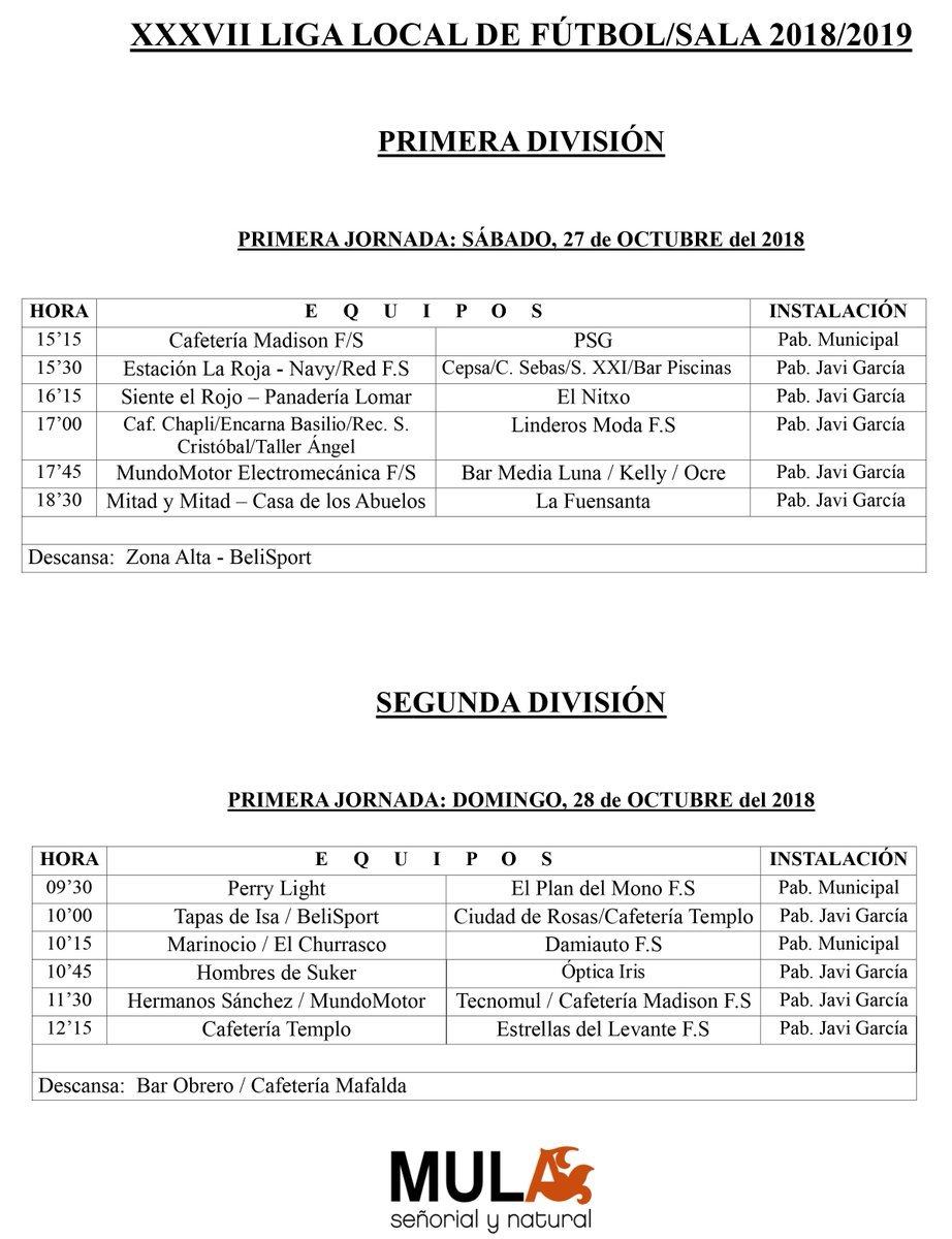 LIGA LOCAL DE FÚTBOL SALA
Primera Jornada y Listado de Equipos por División