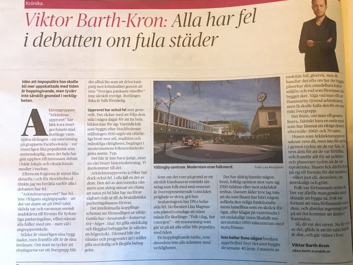 bjek75's tweet photo. ”Så, nu är [Arkitekturupproret] utrett. Nu lär vi oss av det, gläds åt att 60-talet faktiskt är slut, och går vidare i livet.” - läs dagens lysande krönika av @viktorbk https://t.co/FsvcfrYMxD