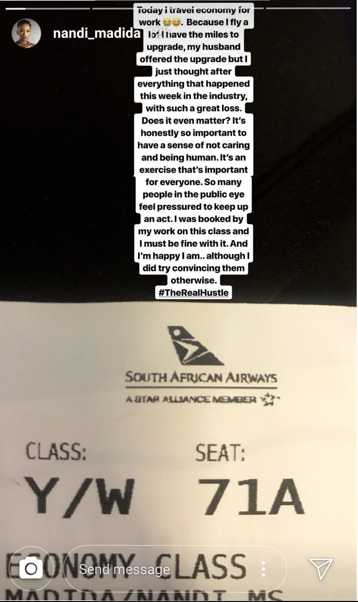 TakuRanking's tweet photo. Just saw Nandi Madidas Insta story about flying economy etc. What a load of bullshit and attention seeking. What has her accepting to fly economy have anything to do with HHP? You guys are so extra and unnecessary https://t.co/DfPonkn1NT