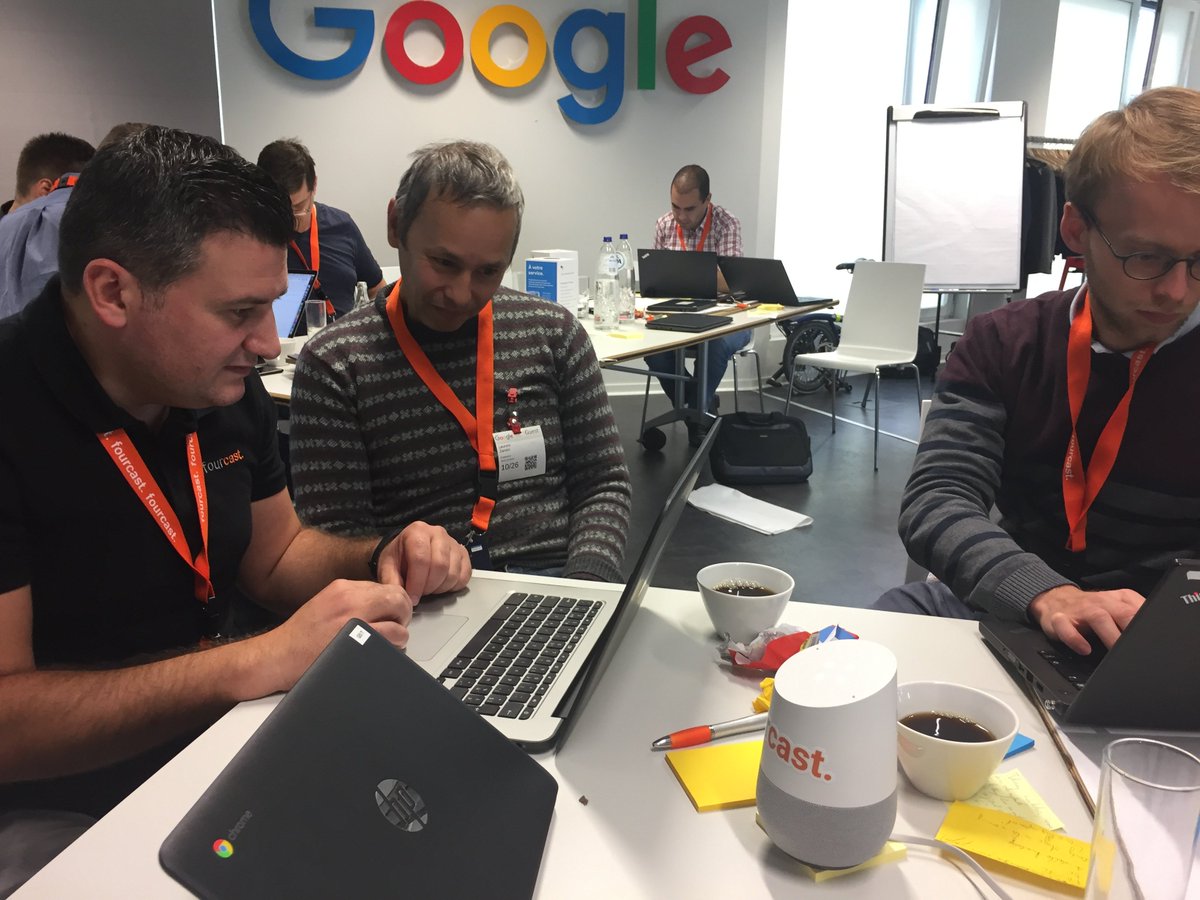 gcloud_benelux's tweet photo. Last moments before the pitch to the jury at the #chatbothon! Tension is rising & Google Homes are being tested. #chatbot #voicebot #googleassistant #googlehome #dialogflow @Dialogflow @ladysign @mindthesteps @sergehendrickx @vrexhepi https://t.co/H30K4dxDz7