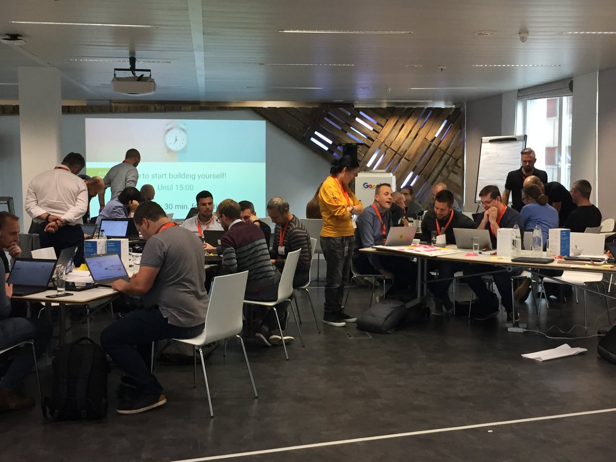 gcloud_benelux's tweet photo. Last moments before the pitch to the jury at the #chatbothon! Tension is rising & Google Homes are being tested. #chatbot #voicebot #googleassistant #googlehome #dialogflow @Dialogflow @ladysign @mindthesteps @sergehendrickx @vrexhepi https://t.co/H30K4dxDz7