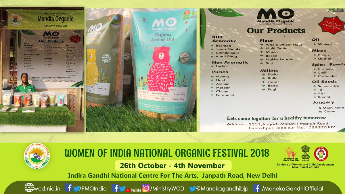 MinistryWCD's tweet photo. At the Mandla Organic stall at #WomenOfIndiaOrganicFest 2018, fresh, whole and #Organic range of Rice, Pulses, Millets, Flour, Oil, Powder and Jaggery are available.

Where: IGNCA, Janpath Road, Delhi

When: From today till 4 Nov, 10am-8pm https://t.co/rAeoeBXxSL