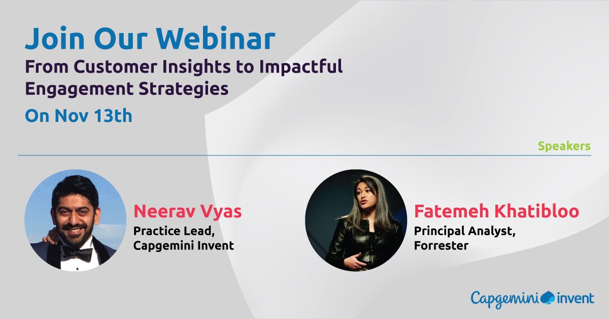 LiquidHub (@liquidhub) on Twitter photo Know how to turn #customerinsights into impactful customer engagement strategies? Join the <a href="/CapgeminiInvent/">Capgemini Invent</a> #webinar with our special guest speaker <a href="/fatemehx2/">Fatemeh Khatibloo, aka فاطی جون</a> from <a href="/forrester/">Forrester</a> on Nov 13th.
ow.ly/re5c30mnDv1
#CRM #dataanalytics #customerengagement Know how to turn #customerinsights into impactful customer engagement strategies? Join the <a href="/CapgeminiInvent/">Capgemini Invent</a> #webinar with our special guest speaker <a href="/fatemehx2/">Fatemeh Khatibloo, aka فاطی جون</a> from <a href="/forrester/">Forrester</a> on Nov 13th.
ow.ly/re5c30mnDv1
#CRM #dataanalytics #customerengagement