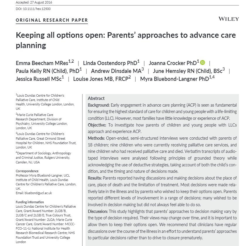 LDCentre1's tweet photo. If you are interested in accessing the paper that prof Bluebond-Langner mentioned during the ACP parallel session you can find it here: https://t.co/ulBskYz6eJ we found that parents preferred to decide at the time that decisions need to be made @ebeecham1 #cppc2018 #ppc #research https://t.co/3pJkSGrNEa
