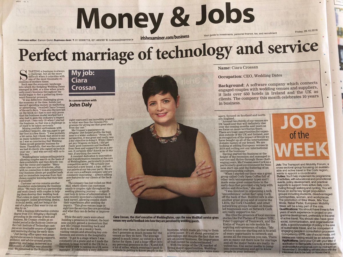 NorahCasey's tweet photo. Great to see @ccrossan in @irishexaminer today talking about life and her other baby @WeddingDates ❤️ @VitalVoices #globalambassadorsprogramme #femalefounder https://t.co/Ng69K3bgsL