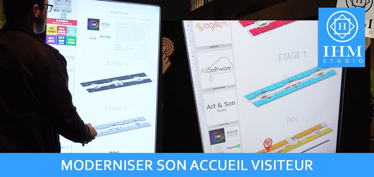 Attractive_Labs's tweet photo. IHM accompagne les établissements qui souhaitent moderniser leur accueil visiteur pour faciliter l’orientation et la localisation des différents services, boutiques où entreprises au sein de leur structure https://t.co/AsJHQD9KHk #digitalisation #accueil #Digital https://t.co/cIQJZziQs5