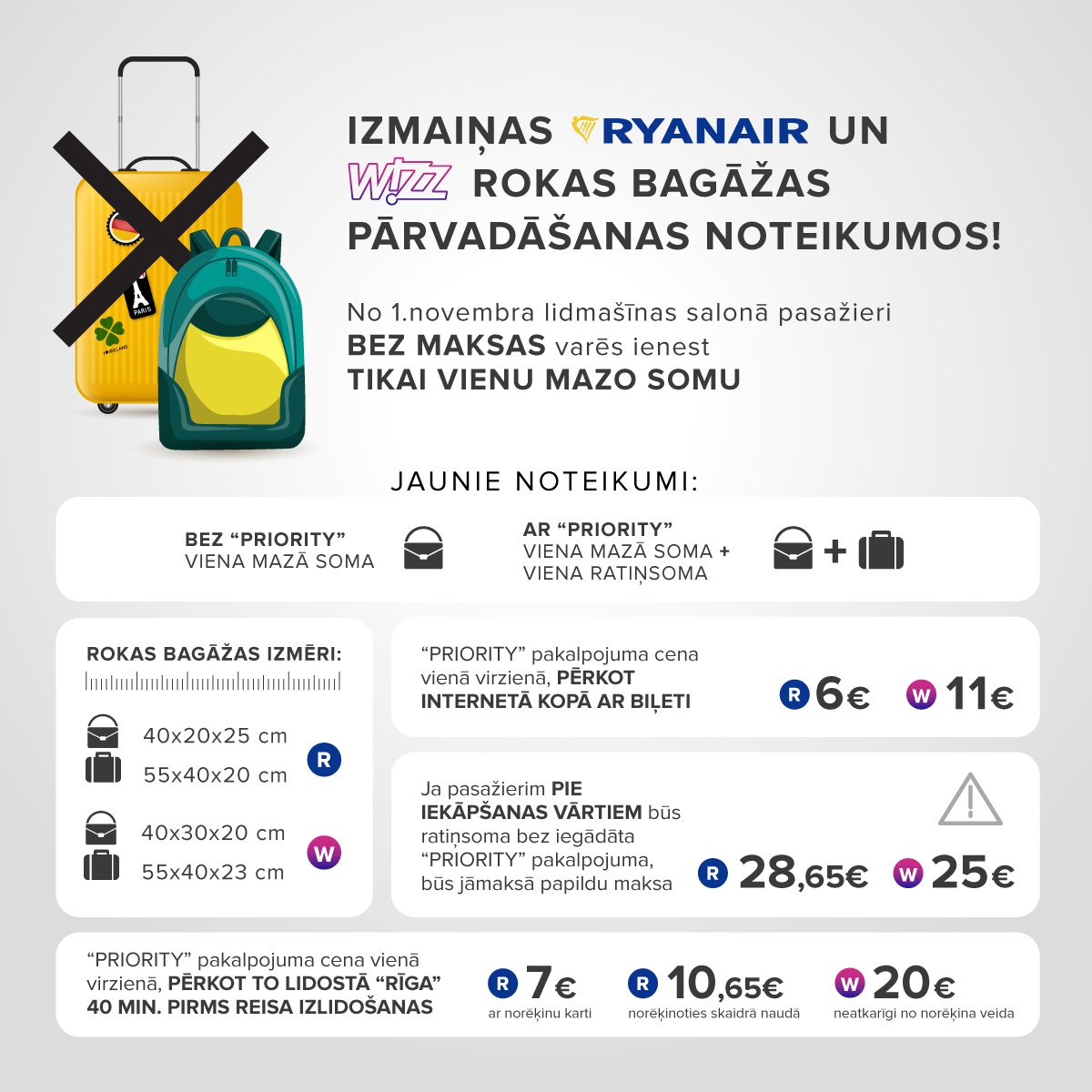 Riga Airport on Twitter: "Uzmanību! No 1.novembra stājas spēkā jauni  @wizzair un @Ryanair rokas bagāžas pārvadāšanas noteikumi. Vairāk info:  Wizz Air - https://t.co/kF4aUBpcMt, Ryanair - https://t.co/xc0RFT7nj1.…  https://t.co/vyLzUlyksH"