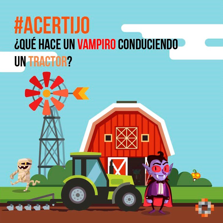 nolookback_es's tweet photo. Estamos a un día de Halloween🎃 y el espíritu maligno nos está controlando.

¿Qué narices hace un vampiro en un tractor? 🧛‍♂️🚜

Los monstruos hacen cosas monstruosas, ayudadnos a entenderlos.

#Nolookback #adivinanza #acertijo #Halloween #vampiro #tractor https://t.co/y9Fshe64YQ