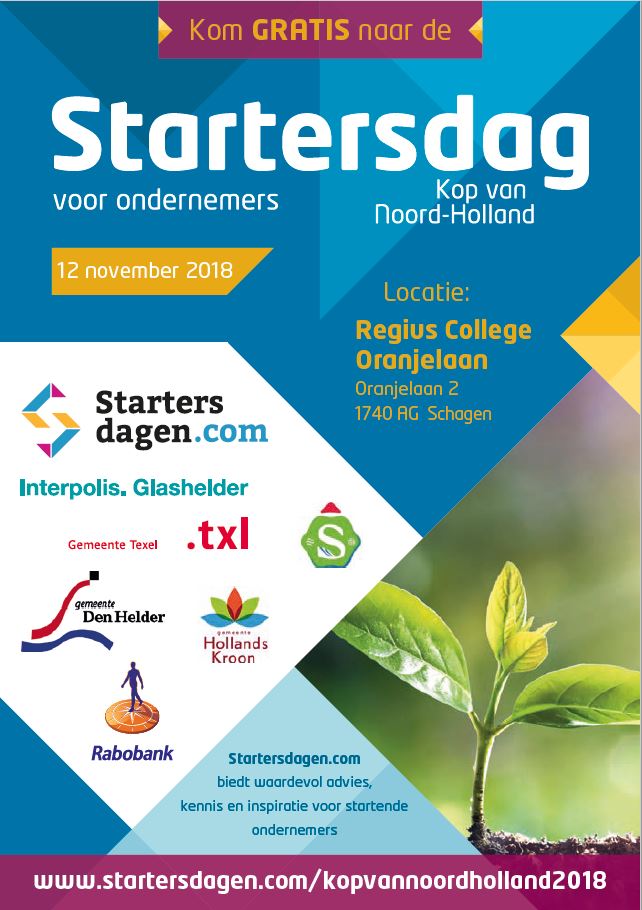 Je speelt met de gedachte om voor jezelf te beginnen, maar hoe dan? Alle informatie krijg je 12 november op de Startersdag in Schagen. En gemeente Texel zorgt voor vervoer van Texelaars heen en terug! Kijk voor meer info op starterdagen.com @RaboKvNH sponsort.