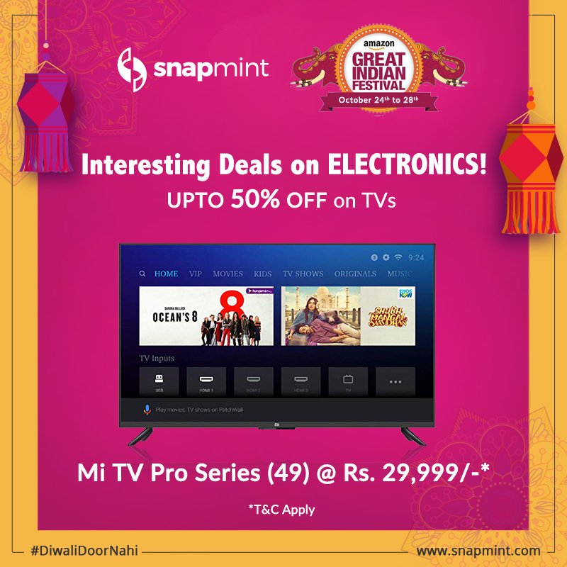 SnapmintEmi's tweet photo. Get amazing deals on TVs on @amazonIN Shop now and pay later in easy, equal installments without credit card at 0% interest on 3 & 6 month plans. Shop now: https://t.co/xZnII8Va5C #Snapmint #Amazon #Mi #SmartTV #AmazonGreatIndianFestival #DiwaliDoorNahi #ShopWithoutCreditCard https://t.co/FeFi6w44H9