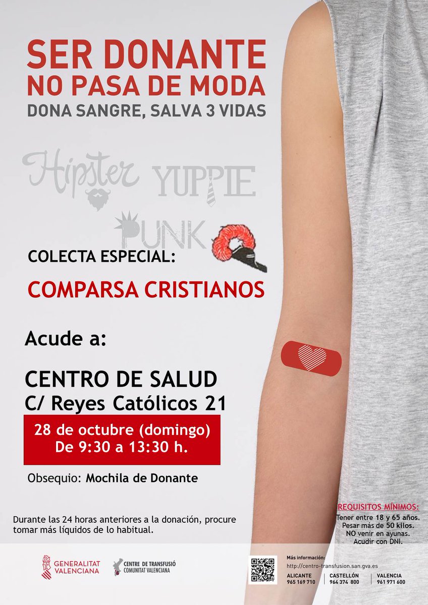 #Sax| Donació de sangre 💉💉💉
📆Domingo 28 de Octubre
📌Comparsa Contrabandistas
⏰de 9:30 a 13:30 horas
Si tienes 20 minutos para ayudar, te esperamos.