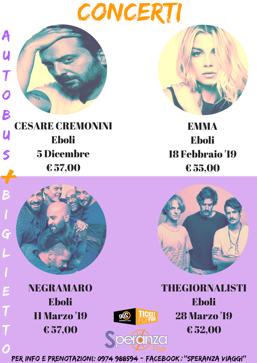 speranzaviaggi's tweet photo. Aggiornamento Volantini Concerti...
#CesareCremonini #EmmaMarrone @Negramaro #Thegiornalisti
@Fedez #alessandraamoroso #Raf #UmbertoTozzi  #MarcoMengoni 

#VogliamoDarviIlMeglio #IVostriSorrisiLaNostraForza #SperanzaGroup #SperanzaViaggi https://t.co/DsviUxfWXE