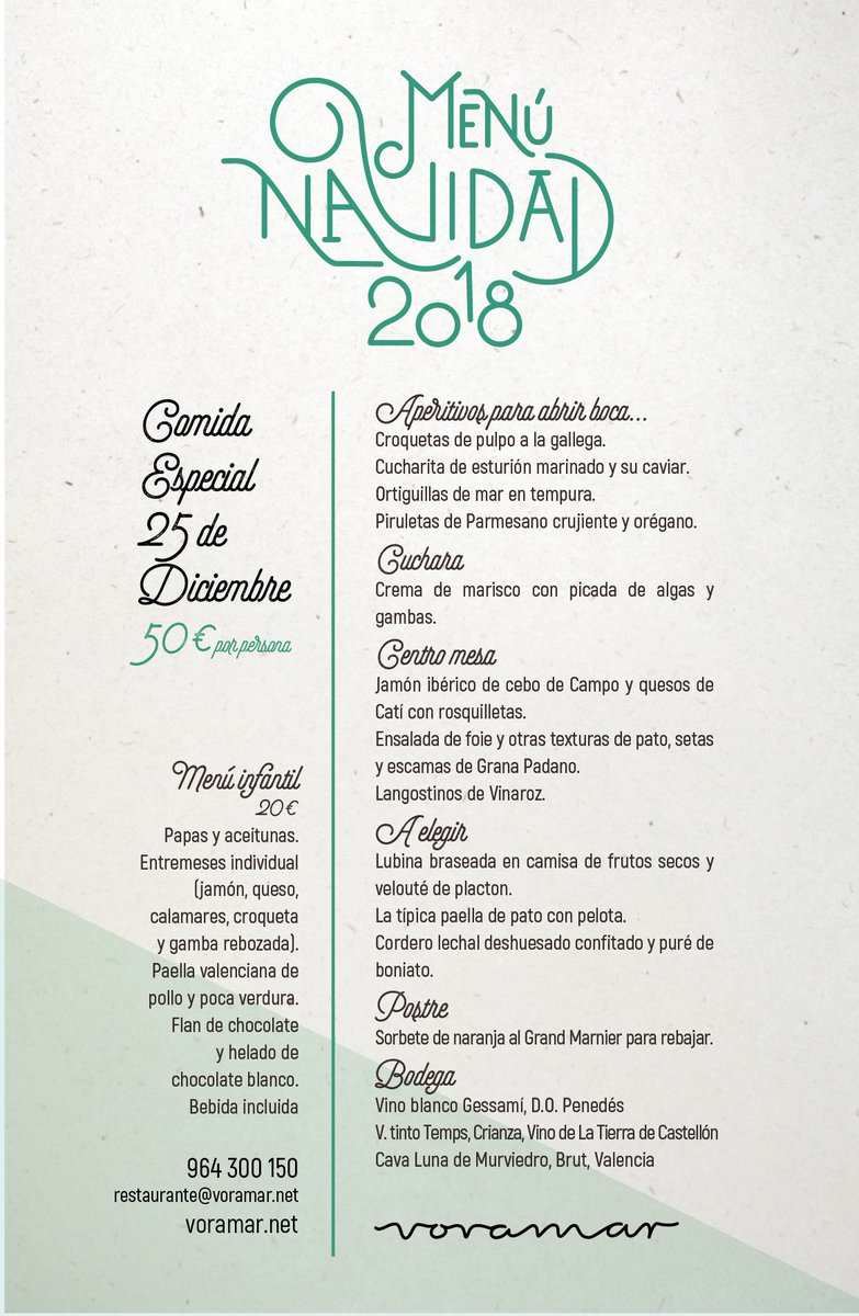 HOTEL VORAMAR (@hvoramar) on Twitter photo Menú de Navidad... 25 de Diciembre...
Céntrate en la familia... y olvídate de la cocina!
También menú especial para peques.
RESERVA 964 300 150
restaurante@voramar.net Menú de Navidad... 25 de Diciembre...
Céntrate en la familia... y olvídate de la cocina!
También menú especial para peques.
RESERVA 964 300 150
restaurante@voramar.net