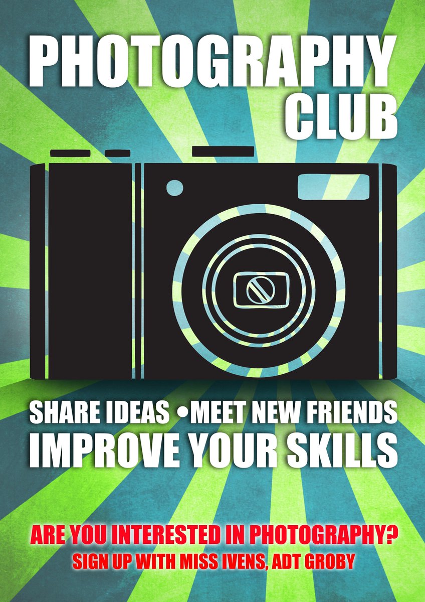Are you interested in Photography? Come and join our Photography club, running on Tuesdays after school till 4.15pm. Get a letter from Miss Ivens in Groby ADT