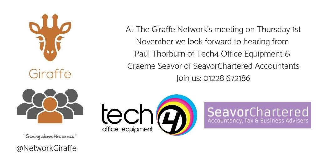 Join us Thursday 1st November - coffee served from 6.30am, meeting 7-8.15am. Speakers this week inc Paul Thorburn <a href="/Tech4office/">Tech4office</a> and Graeme Seavor <a href="/SeavorChartered/">SeavorChartered</a> #networking #Carlisle